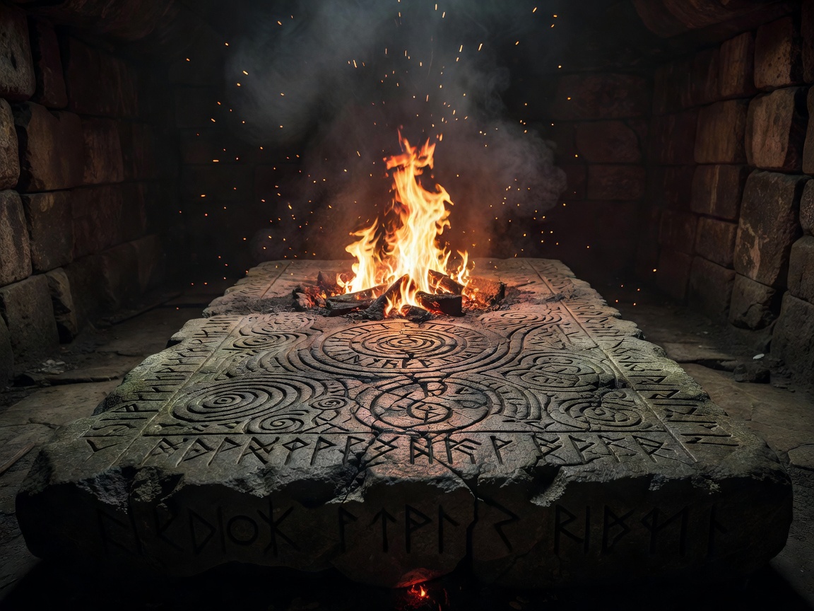 Ancient rune altar surrounded by floating embers