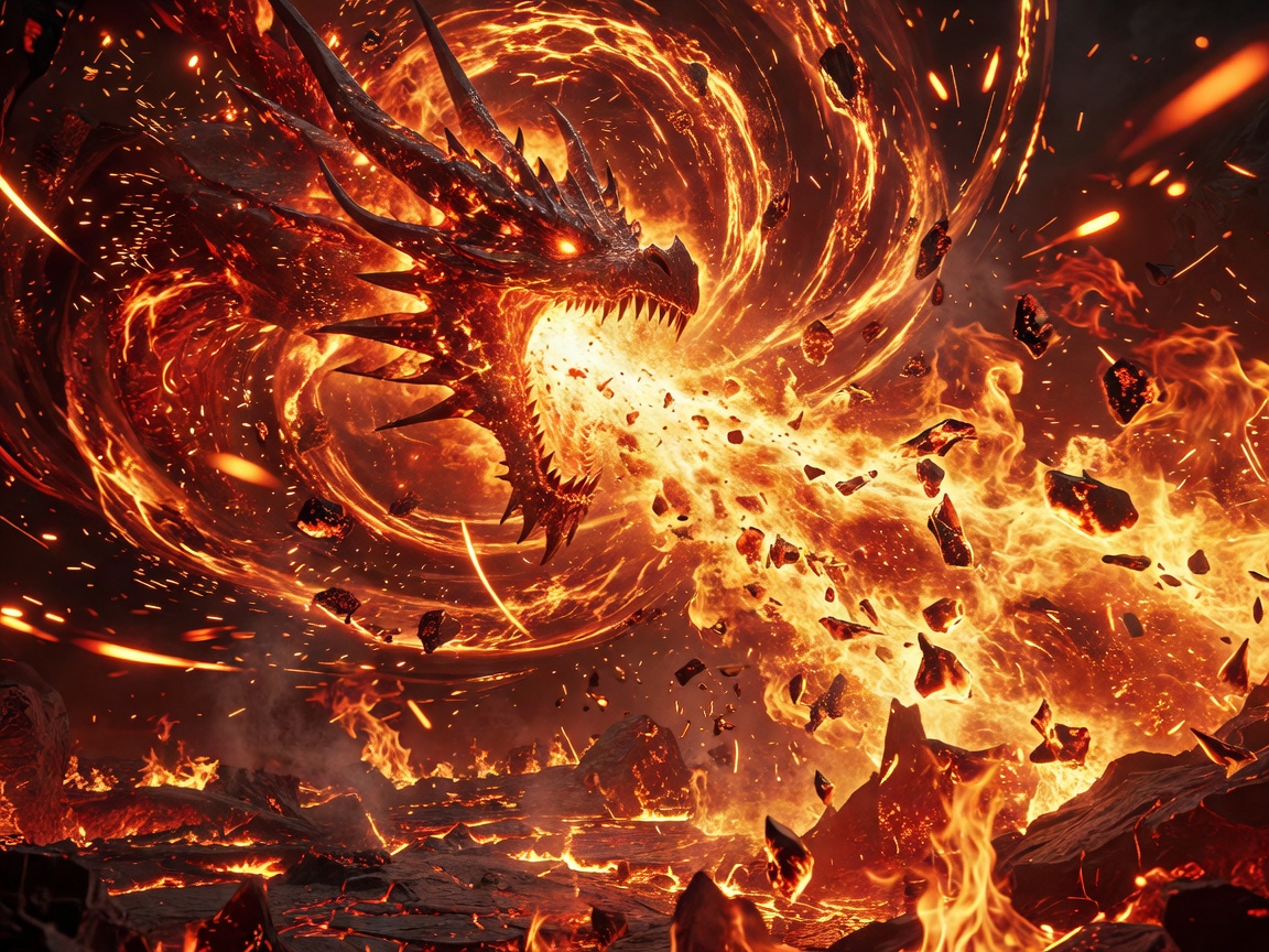 Cinematic dragon fire effect with swirling embers and molten light