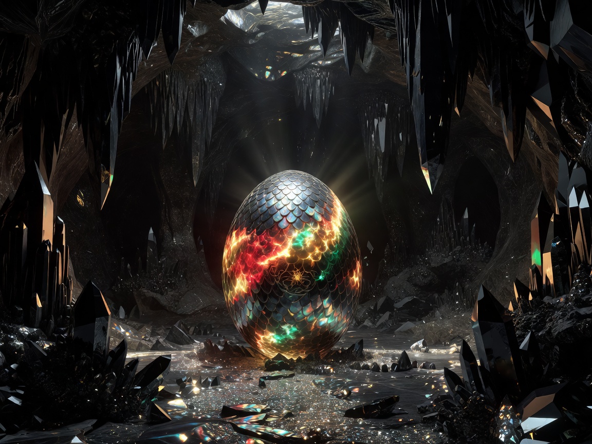 Dragon egg glowing inside a dark crystalline cavern