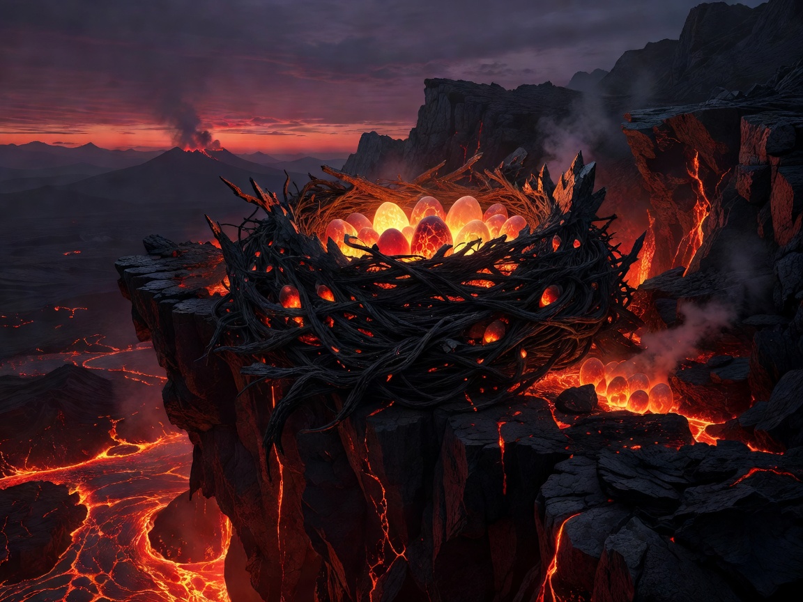 Glowing dragon nest resting on a volcanic cliffside at dusk