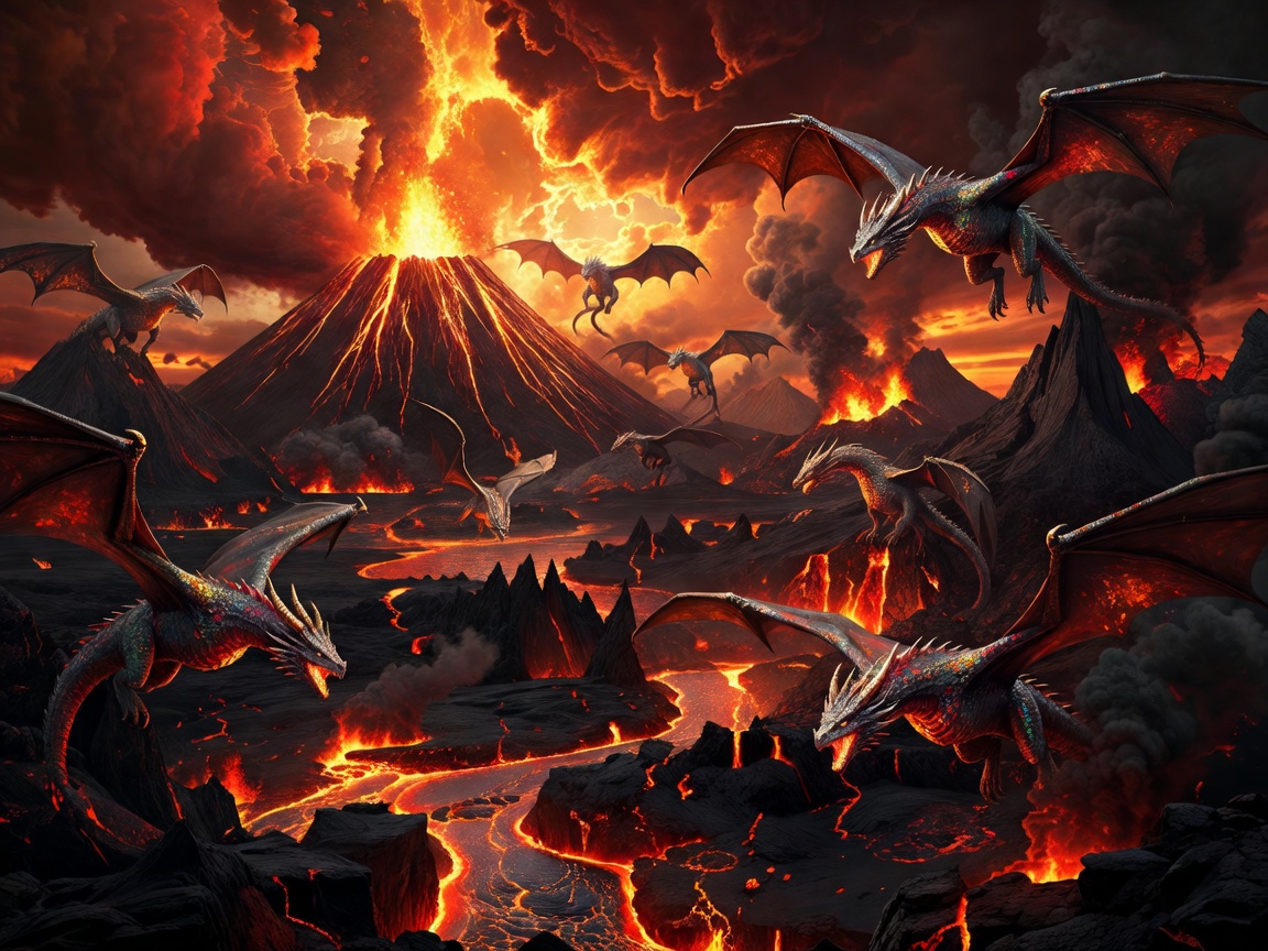Sweeping volcanic landscape of the dragon realm under a fiery sky